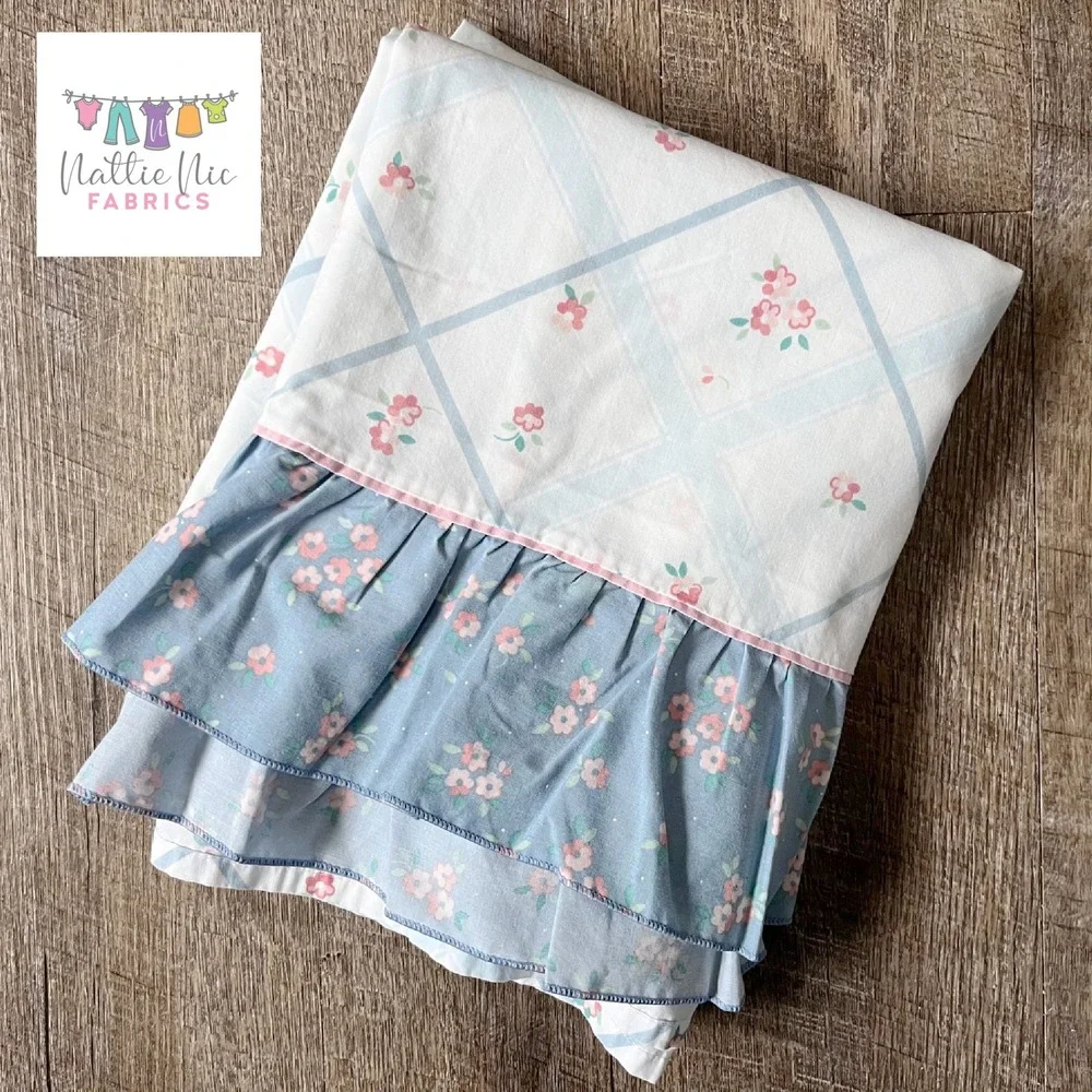 Vintage Full Size Flat Sheet with‎ blue ruffle cottagecore shabby chic